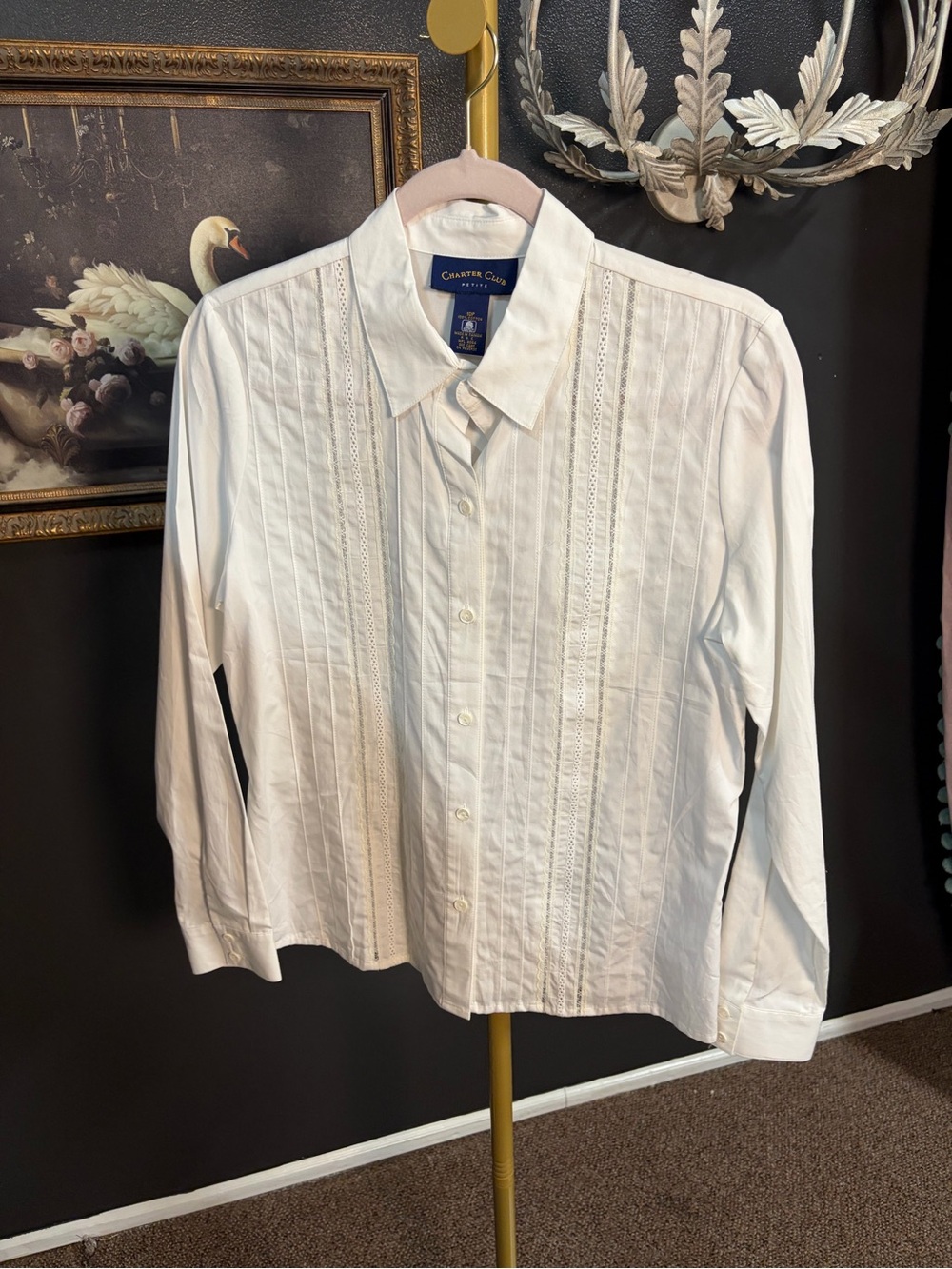 Charter Club White Pleated Button-Up Dress Shirt